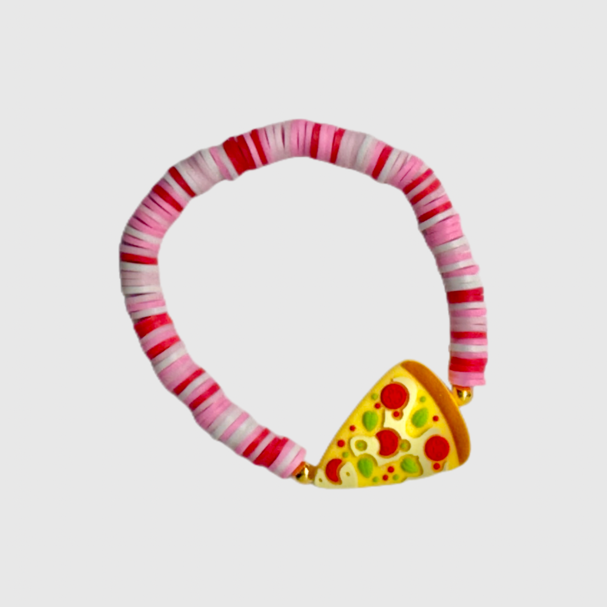 Pink and white Striped bracelet with a pizza-shaped charm on a light gray background