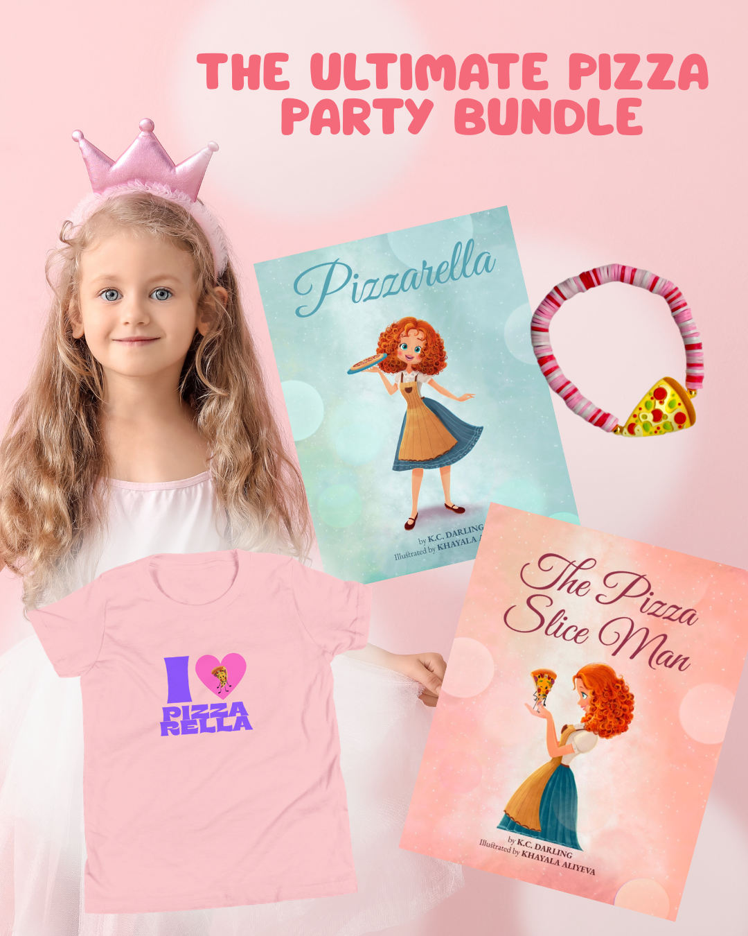 Girl with pizza-themed items including a t-shirt, books, and bracelet on a pink background
