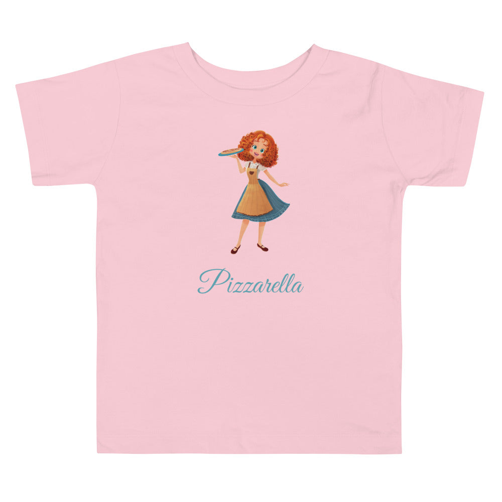 A pink short-sleeve jersey t-shirt with a character illustration and the text 'Pizzaella'.