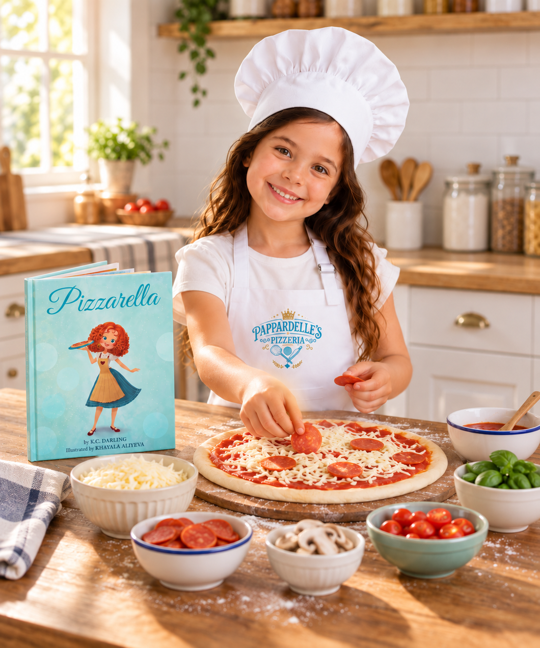 Girl in kitchen making pizza.