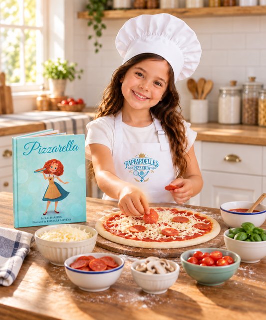 Girl in kitchen making pizza.