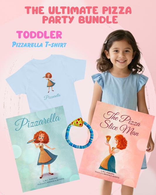 Child wearing a blue t-shirt with 'Pizzarella' and holding books and a ring, on a pink background.