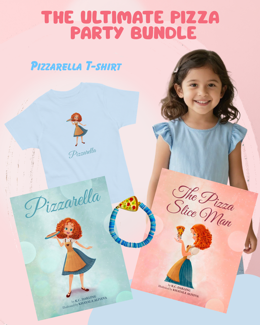 A promotional bundle graphic for a 'Pizza Party Bundle' featuring a light blue Pizzarella T-shirt, two colorful children's books, and a blue-and-yellow striped ring, with a smiling young girl standing beside them against a pink background.