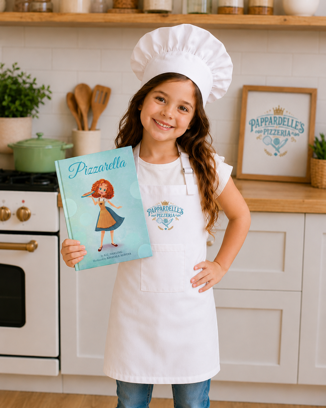 A young girl wearing a white chef's hat and matching printed apron stands in a bright kitchen, holding a light blue cookbook titled 'Pizzaarella'.