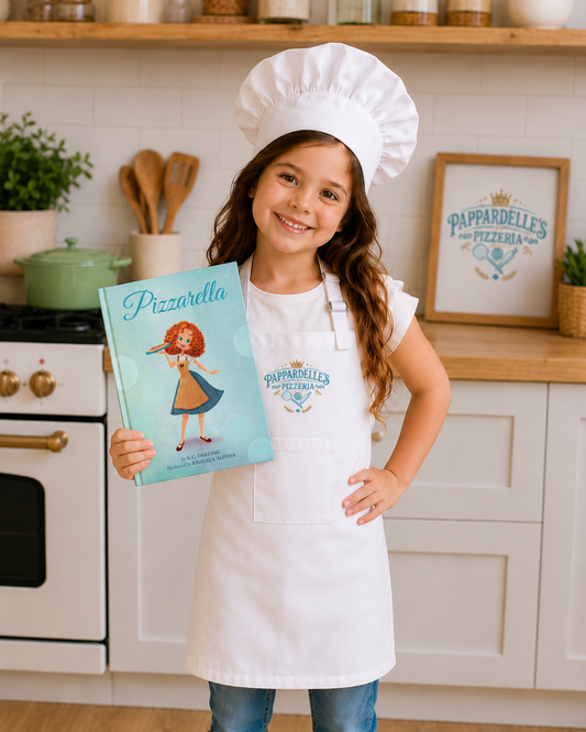 A young girl wearing a white chef's hat and matching printed apron stands in a bright kitchen, holding a light blue cookbook titled 'Pizzaarella'.