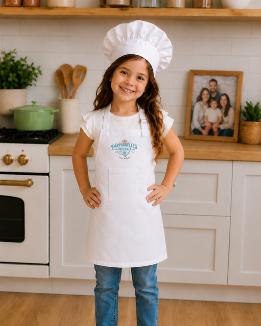 A young girl stands in a bright kitchen wearing a white chef hat and a white apron with the brand name 'Pupimacheles Pizzeria' printed on the chest. She is wearing blue jeans and smiling at the camera.
