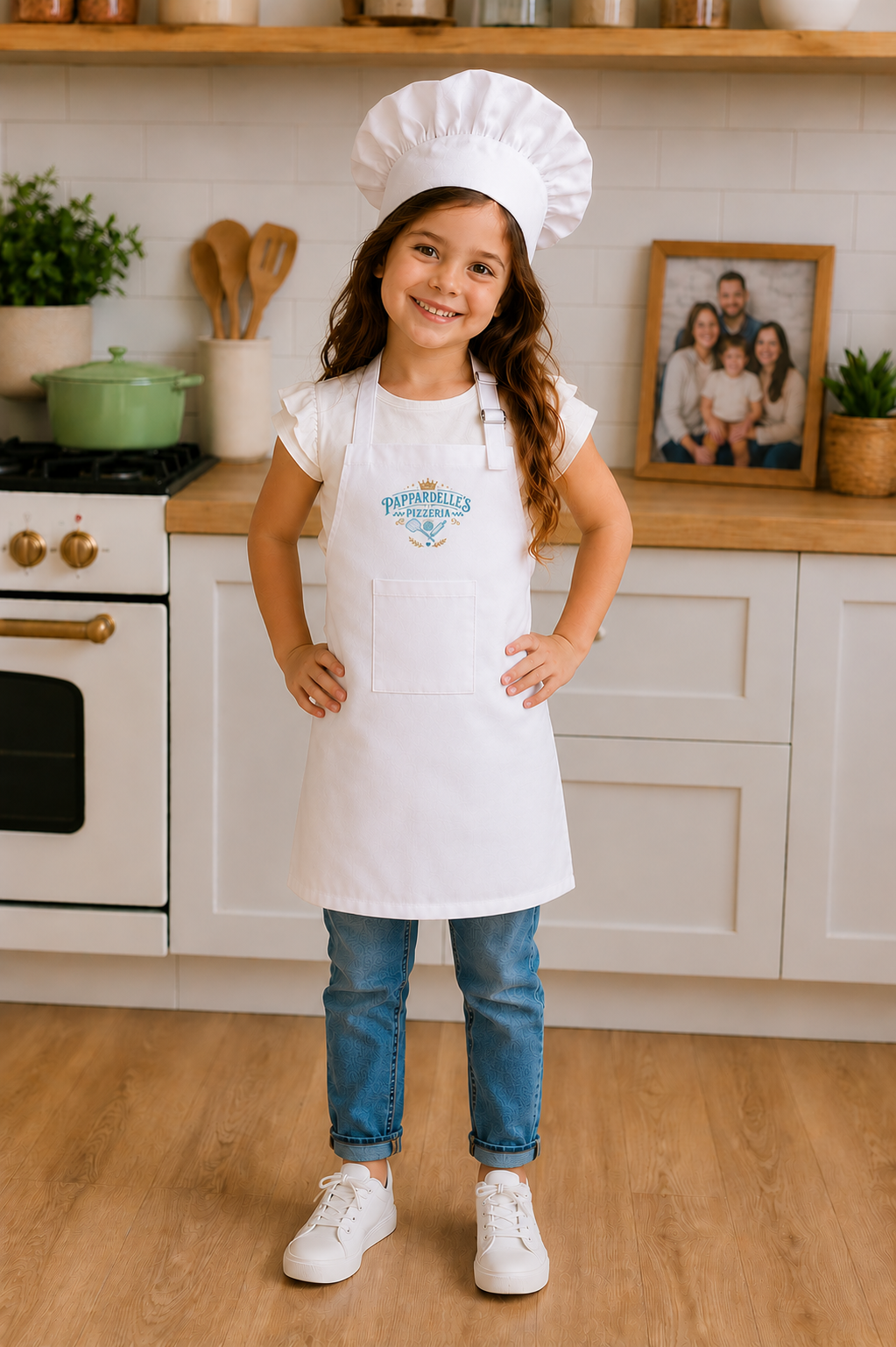 Child wearing a chef's hat and apron in a kitchen