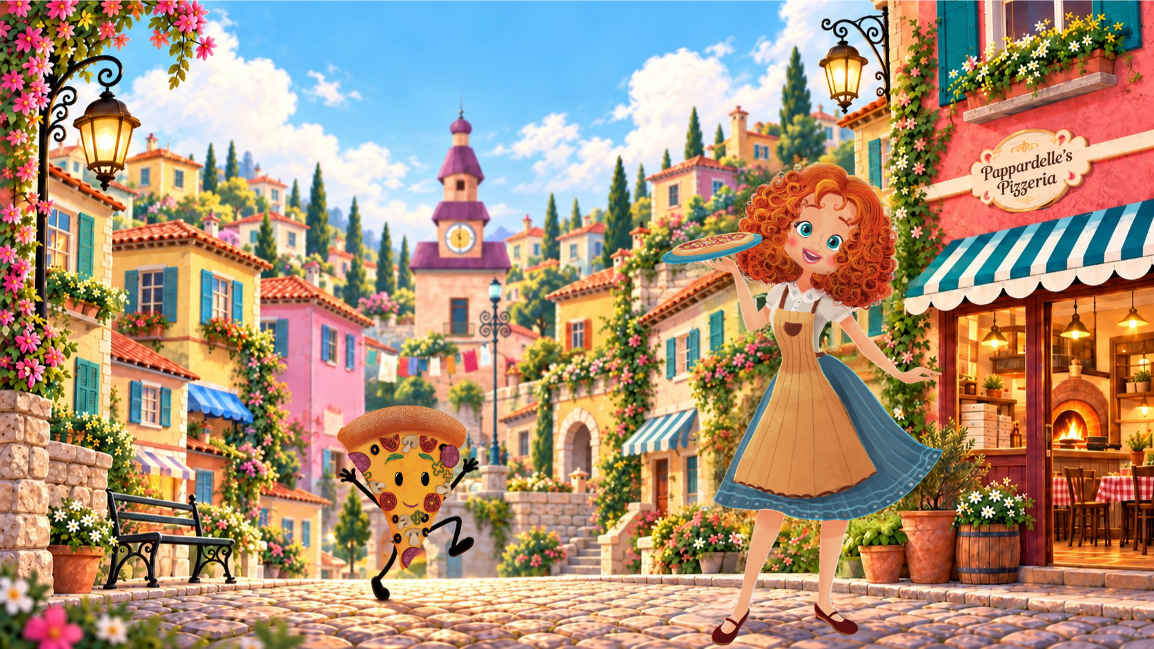 A colorful, whimsical village scene with a cartoon-style woman with curly red hair in a blue and beige dress standing on a cobblestone street beside a storefront reading 'Pappardelle's Pizzeria.' A small pizza character runs past in the street.