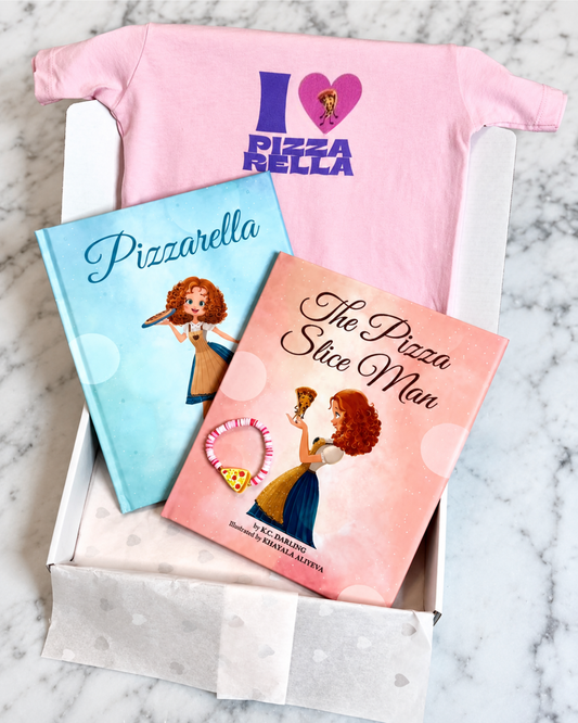 Gift Box with pinkt-shirt, 2 books, and pink pizza bracelet.