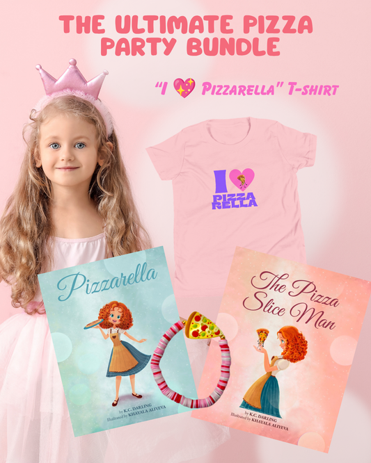 A promotional bundle graphic for a 'Ultimate Pizza Party Bundle' featuring a young girl in a pink princess dress and crown, a pink T-shirt that says 'I ♥ PIZZA', two illustrated book covers titled 'Pizzarella' and 'The Pizza Slice Man', and a pink-and-white striped pizza-slice-themed bracelet on a light pink background.