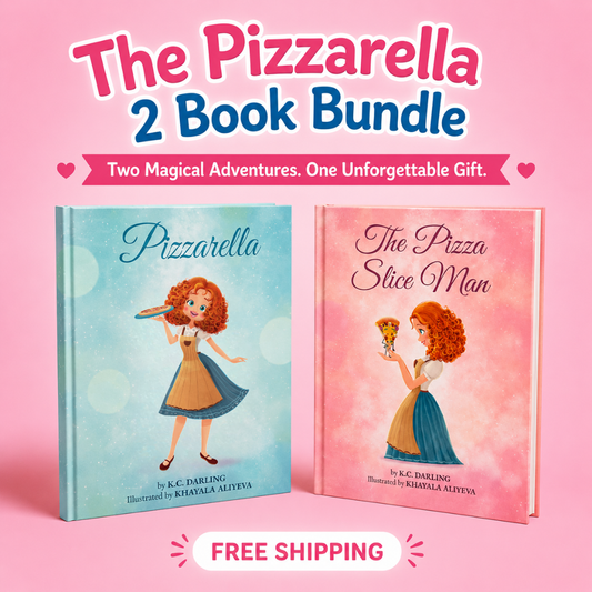 Two children's books titled 'Pizzarella' and 'The Pizza Slice Man' on a pink background with promotional text.