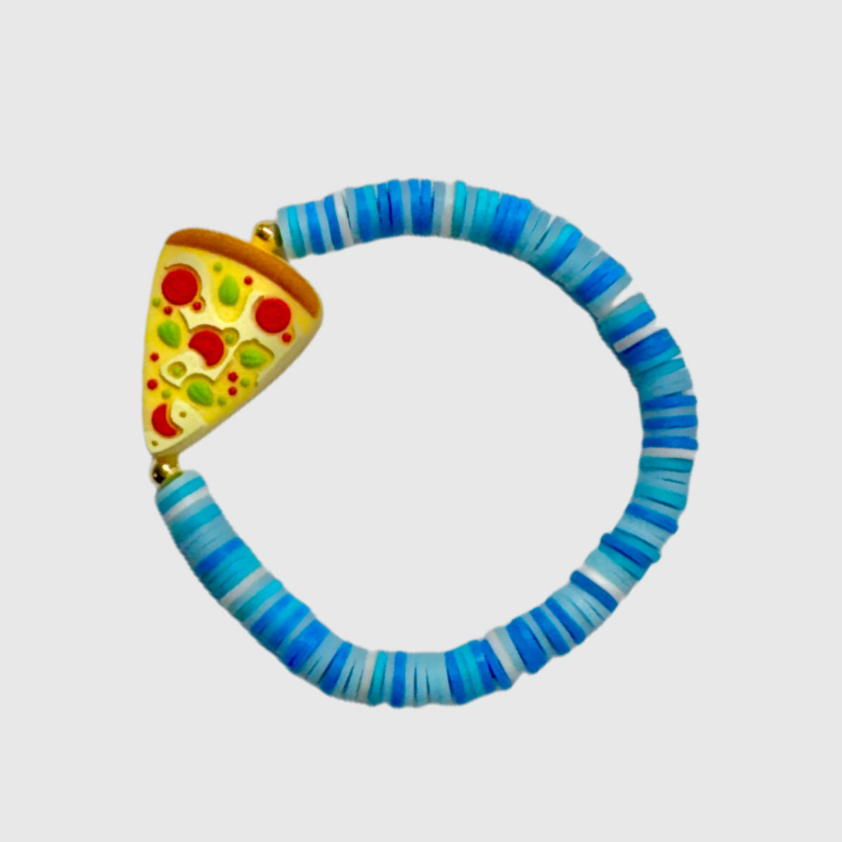 BLue and white striped bracelet with a pizza-shaped charm on a light gray background