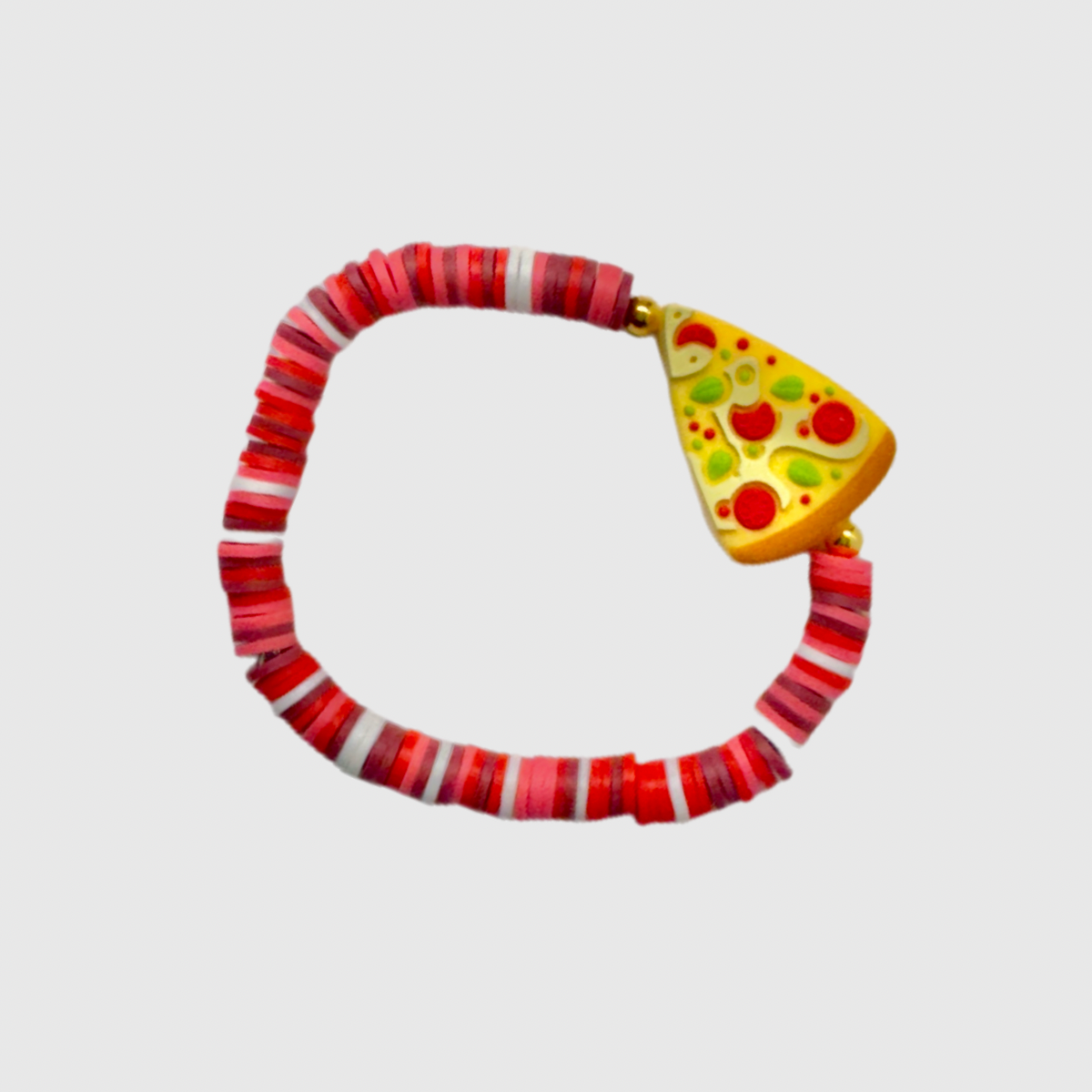Toy with red and white striped band and pizza slice end on a light gray background