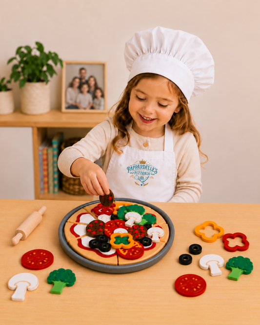 A young girl wearing a white chef hat and apron smiles while placing a wooden toy tomato on a round wooden pizza. The scene is set on a light wood table with other colorful wooden pizza toppings and utensils, with a warm indoor background featuring a shelf with books and a framed photo.