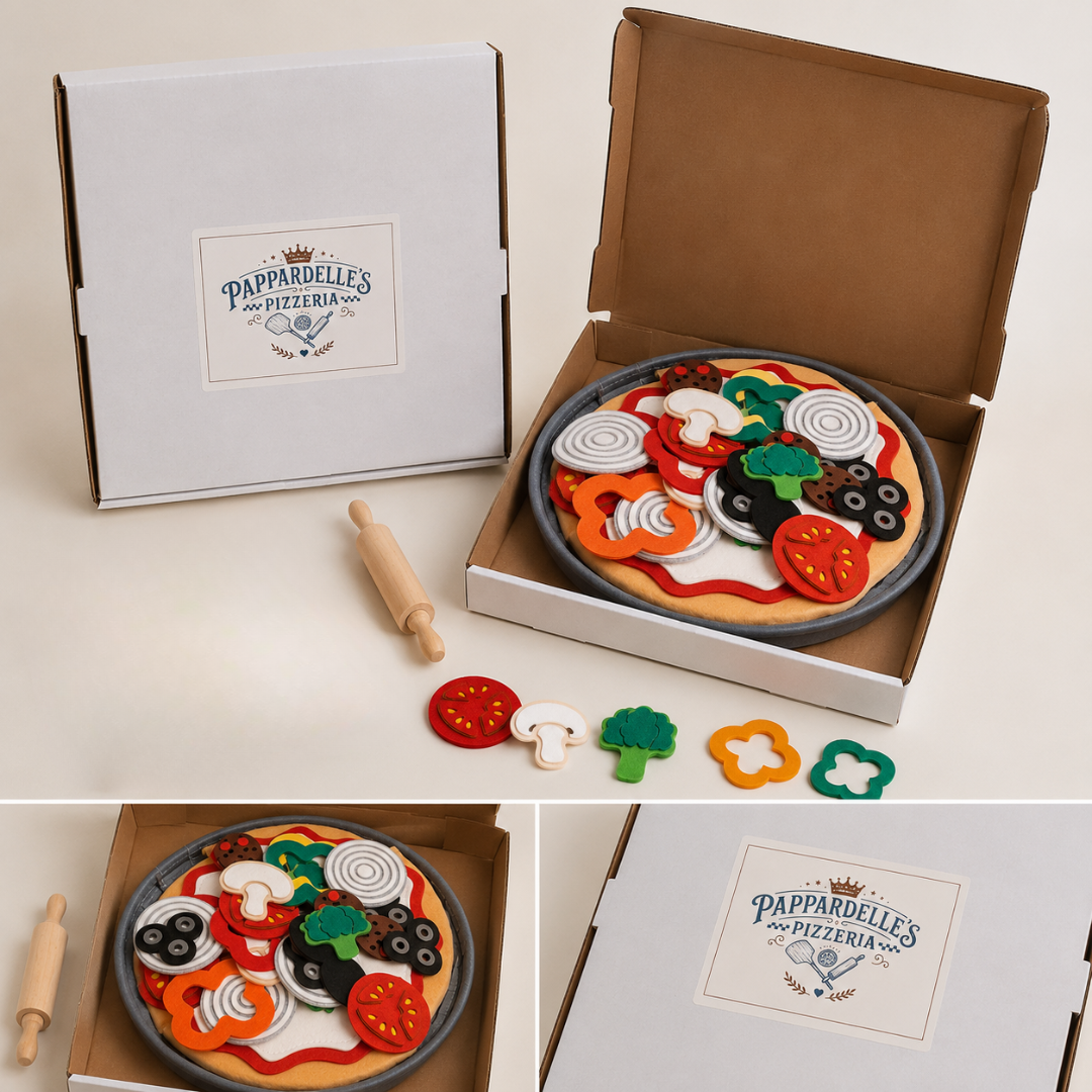 Playful pizza set with toy ingredients and Pappardelle's Pizzeria branding.