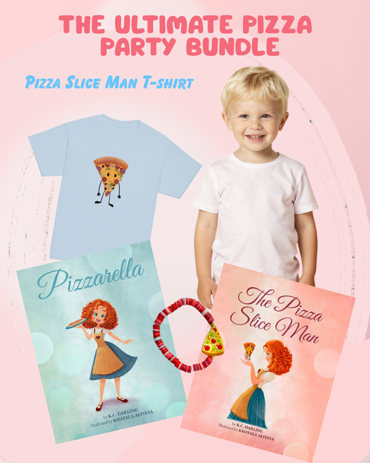 A young child stands next to a light blue Pizza Slice Man T-shirt, with two illustrated books and a red-and-white bead bracelet displayed on a pink background. Text at the top reads 'THE ULTIMATE PIZZA PARTY BUNDLE' and 'Pizza Slice Man T-shirt.