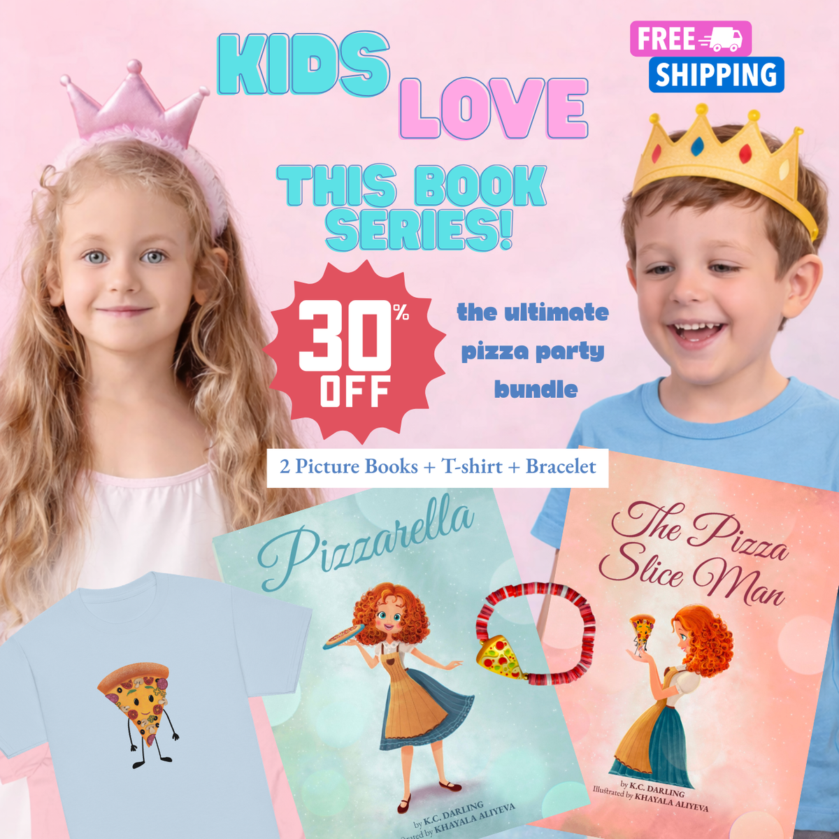 Promotional image of children with books and t-shirts featuring a pizza-themed book series.