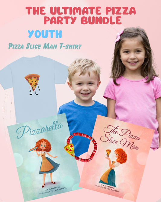 Children with 'The Ultimate Pizza Party Bundle' including t-shirts and books on a pink background