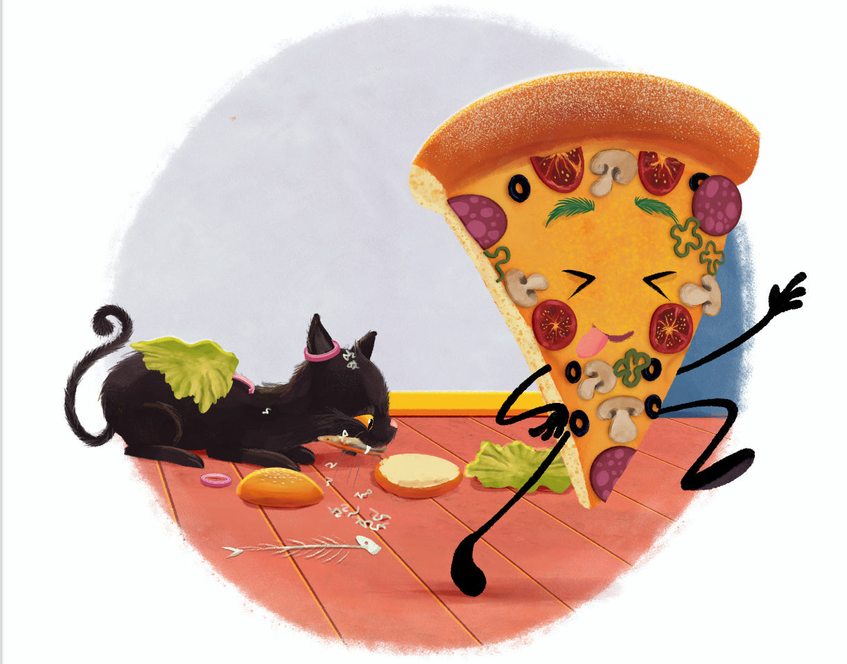 Cartoon slice of pizza with arms and legs interacting with a cat on a wooden floor.