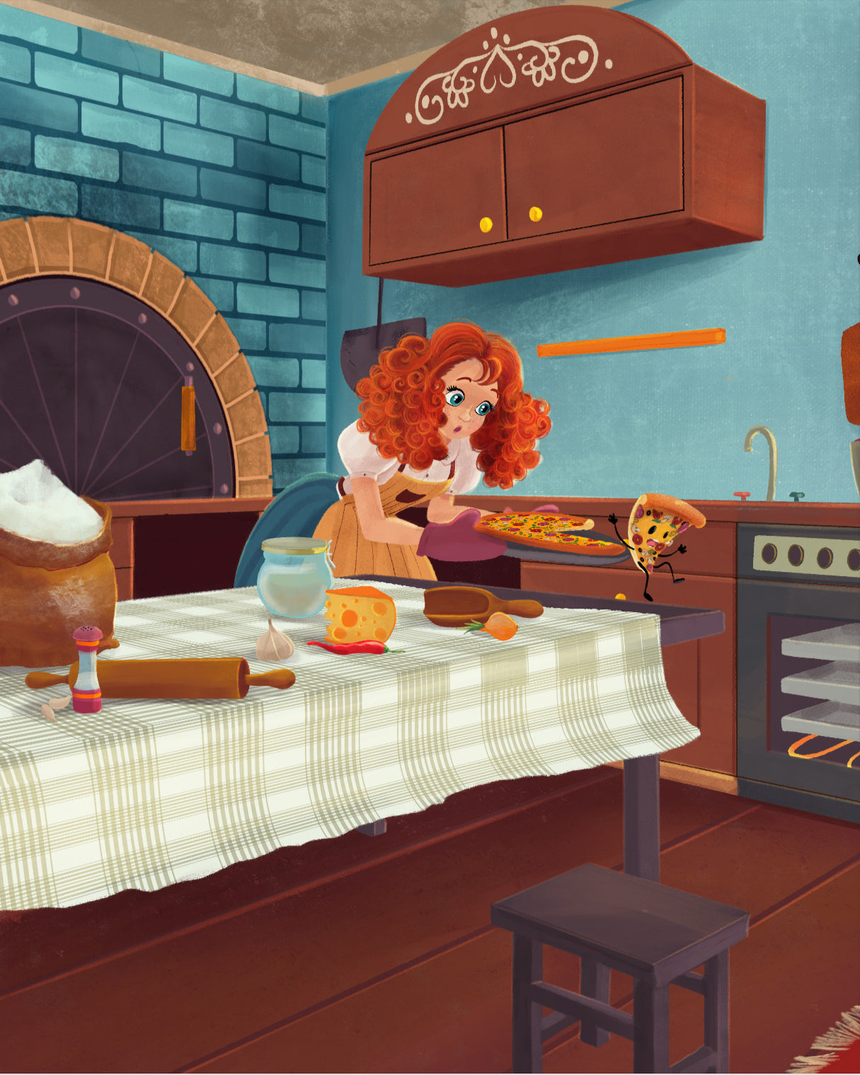 Cartoon character in a kitchen preparing food with a checkered tablecloth and oven in the background.
