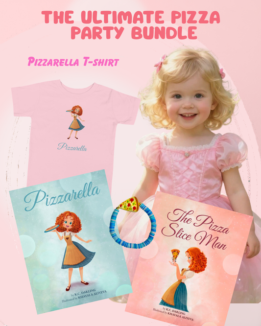 A toddler girl in a pink dress stands beside a pink promotional graphic for a 'Pizza Party Bundle,' showing a pink Pizzarella T-shirt, two Pizzarella book covers, and a blue-and-yellow striped ring on a pink background.