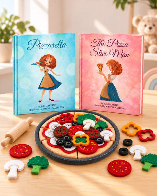Two children's picture books titled 'Pizzarella' and 'The Pizza Slice Man' stand on a wooden table beside a toy pizza and colorful wooden pizza toppings. The books have light blue and pink covers with illustrated characters, and the scene is styled like a warm indoor tabletop setup.