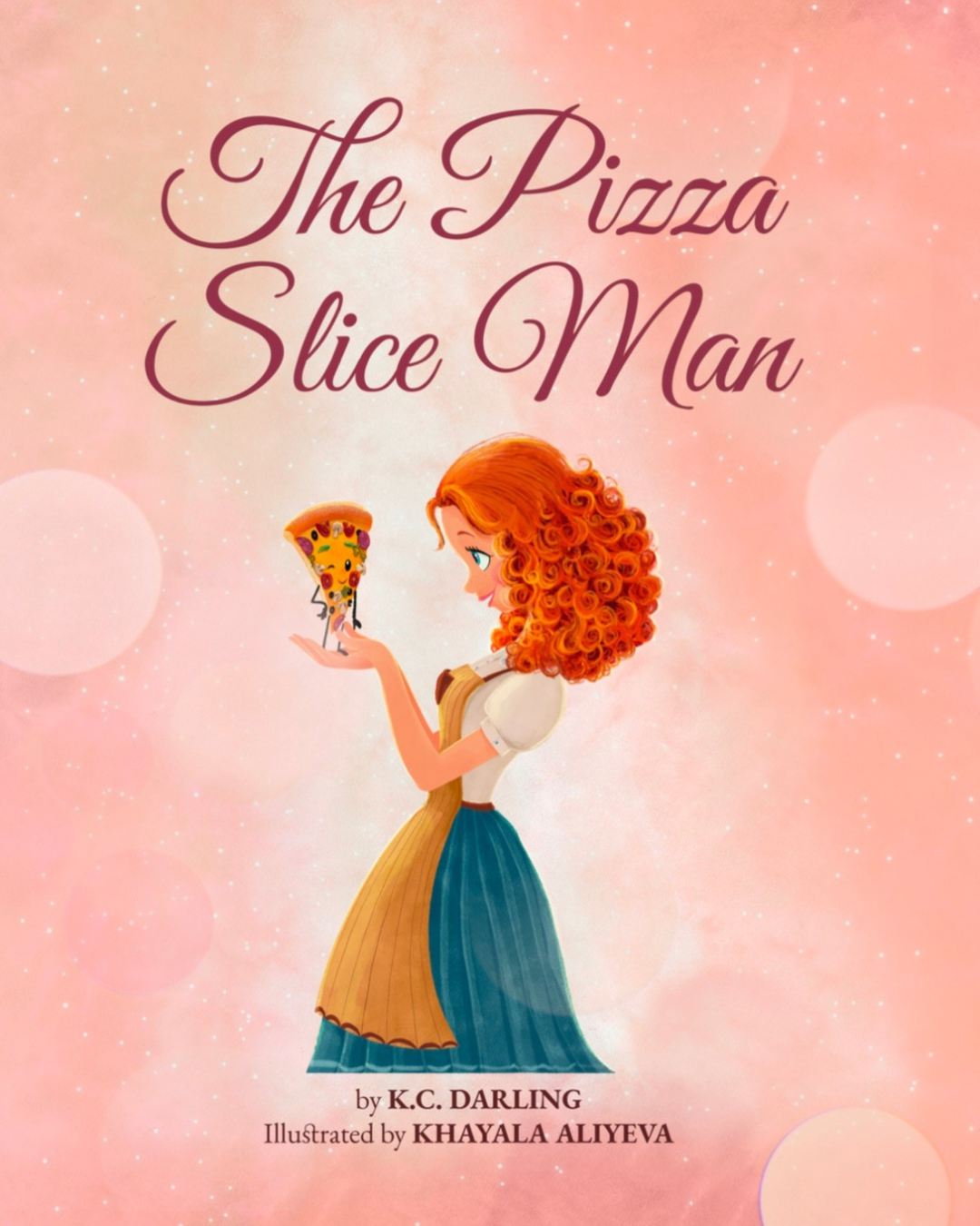 Book cover of 'The Pizza Slice Man' with a woman holding a pizza slice against a pink background.