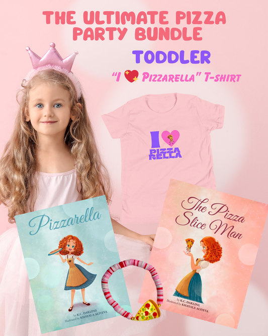 Child wearing a pink princess crown with 'I ❤️ Pizzarella' t-shirt and books on a pink background
