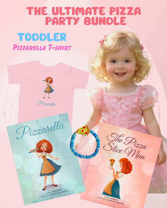 Promotional image of a toddler pizza party bundle with t-shirt, books, and ring on a pink background.