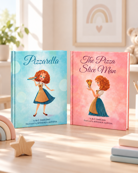Two illustrated children's books standing on a wooden surface in a bright, softly styled room. The left book is titled "Pizzarella" with a light blue cover and the book on the right is showing a cartoon girl holding a pizza slice.