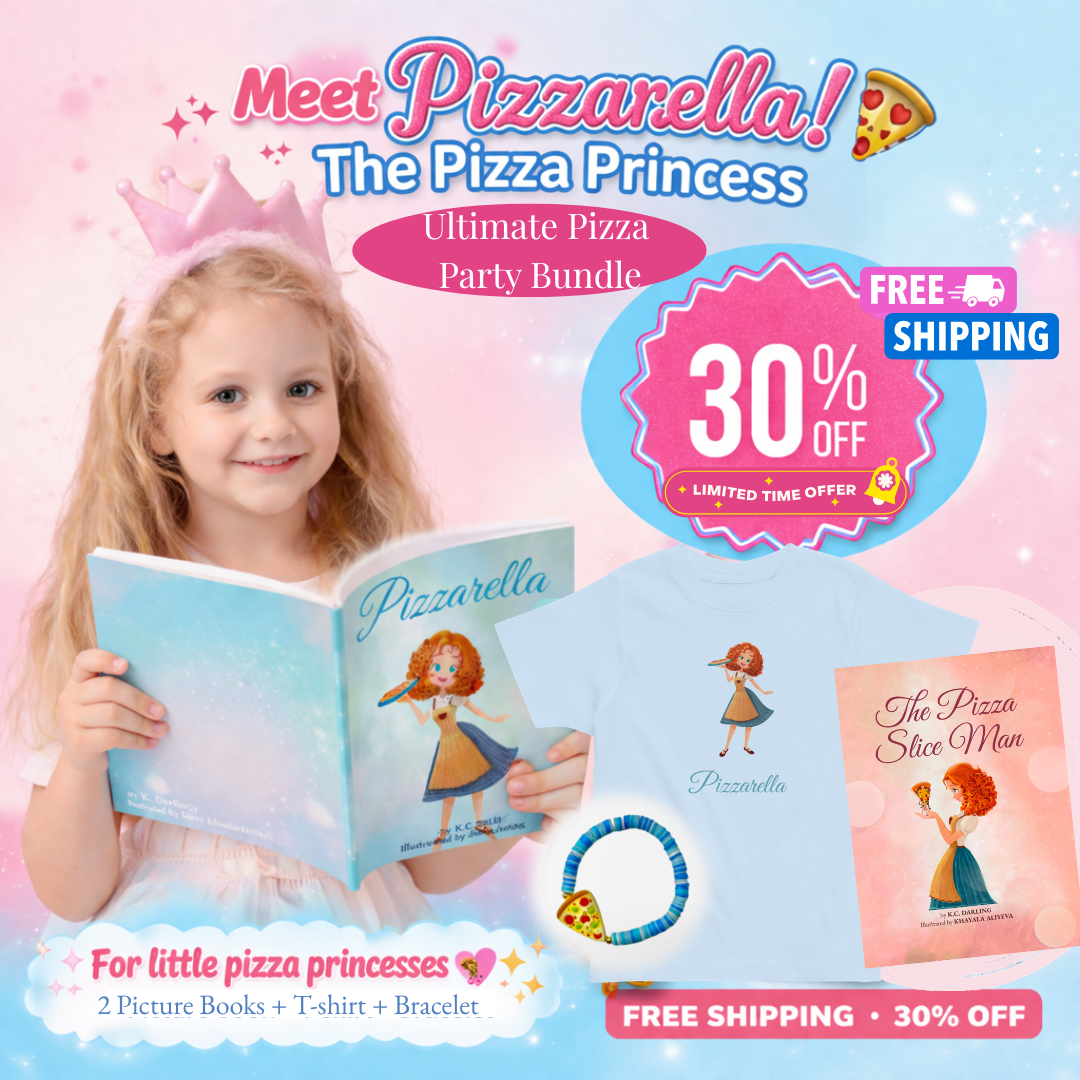 Promotional image of a girl with 'Pizzarella' books and merchandise on a pink background
