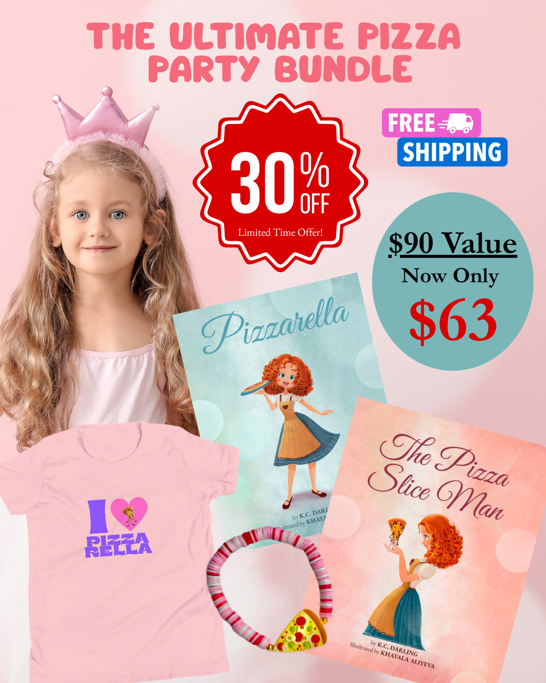 Girl with pizza-themed items including a t-shirt, books, and bracelet on a pink background