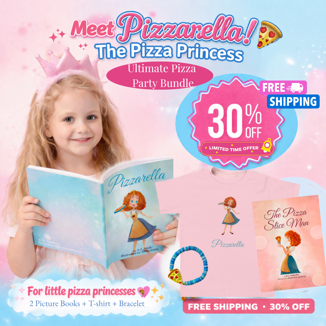 Promotional image of a girl with 'Pizzarella' books and merchandise on a pink background