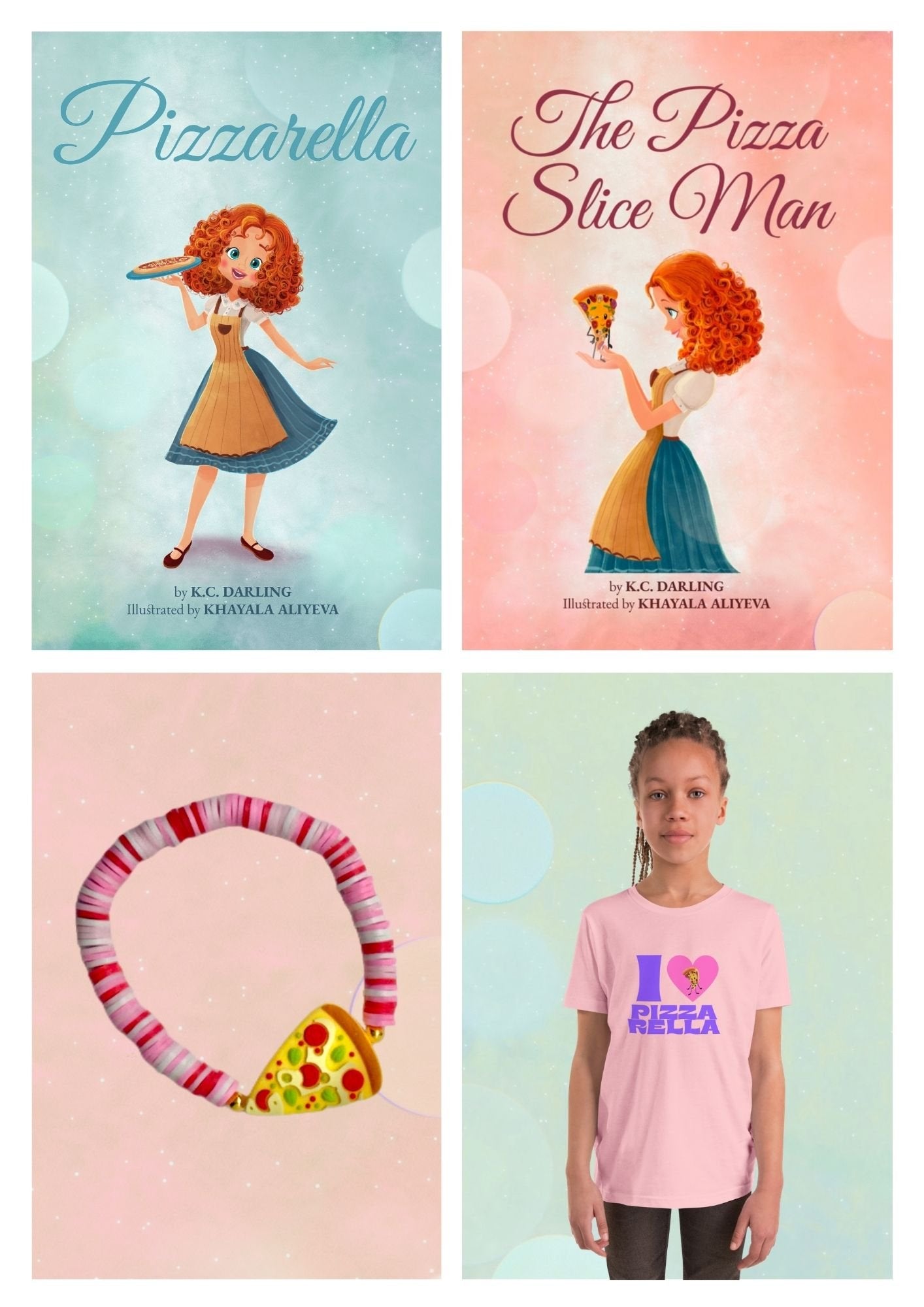 Collage of book covers and a t-shirt featuring a character from 'Pizzarella'.