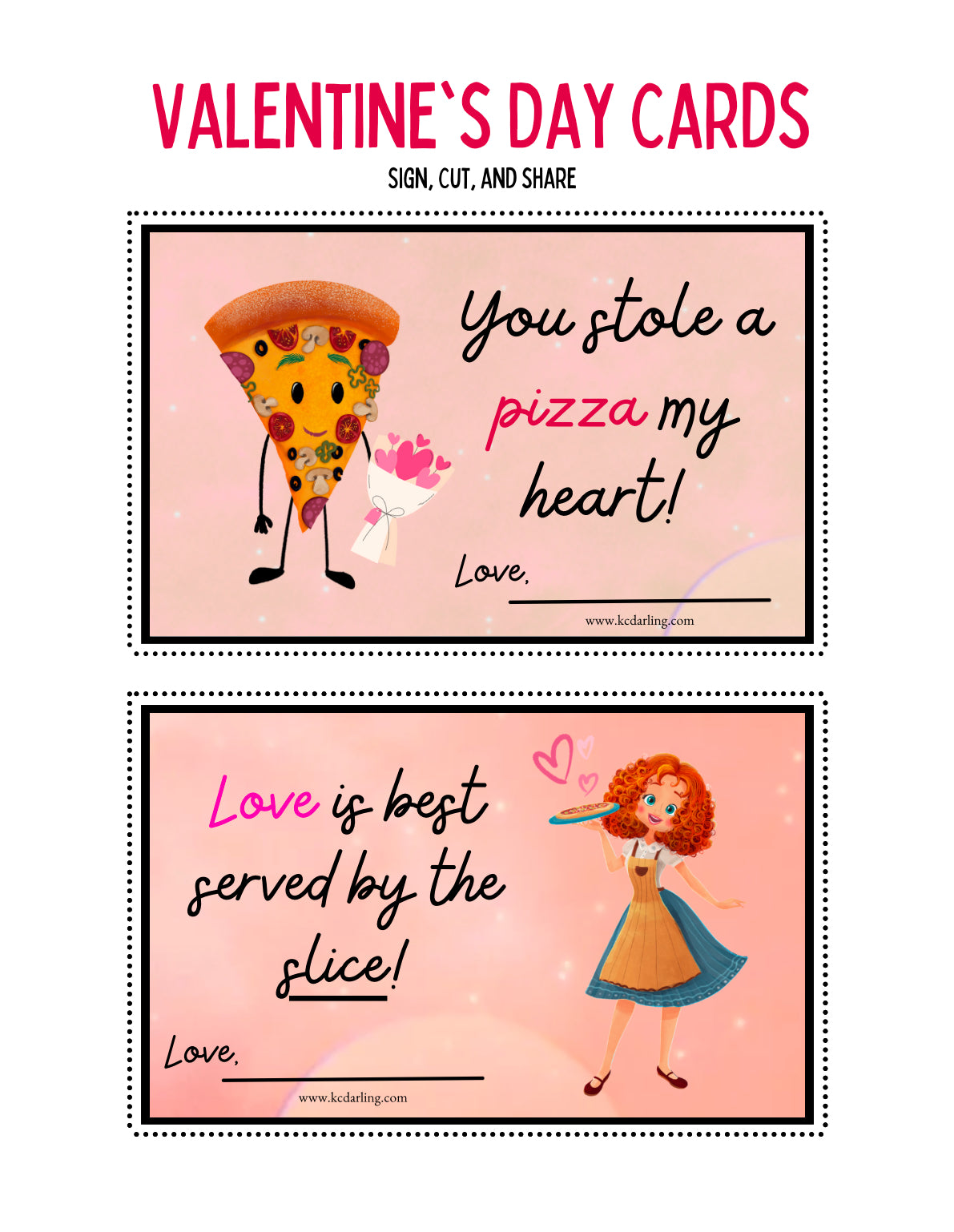 Printable Valentine's Day cards featuring animated pizza characters and playful messages.