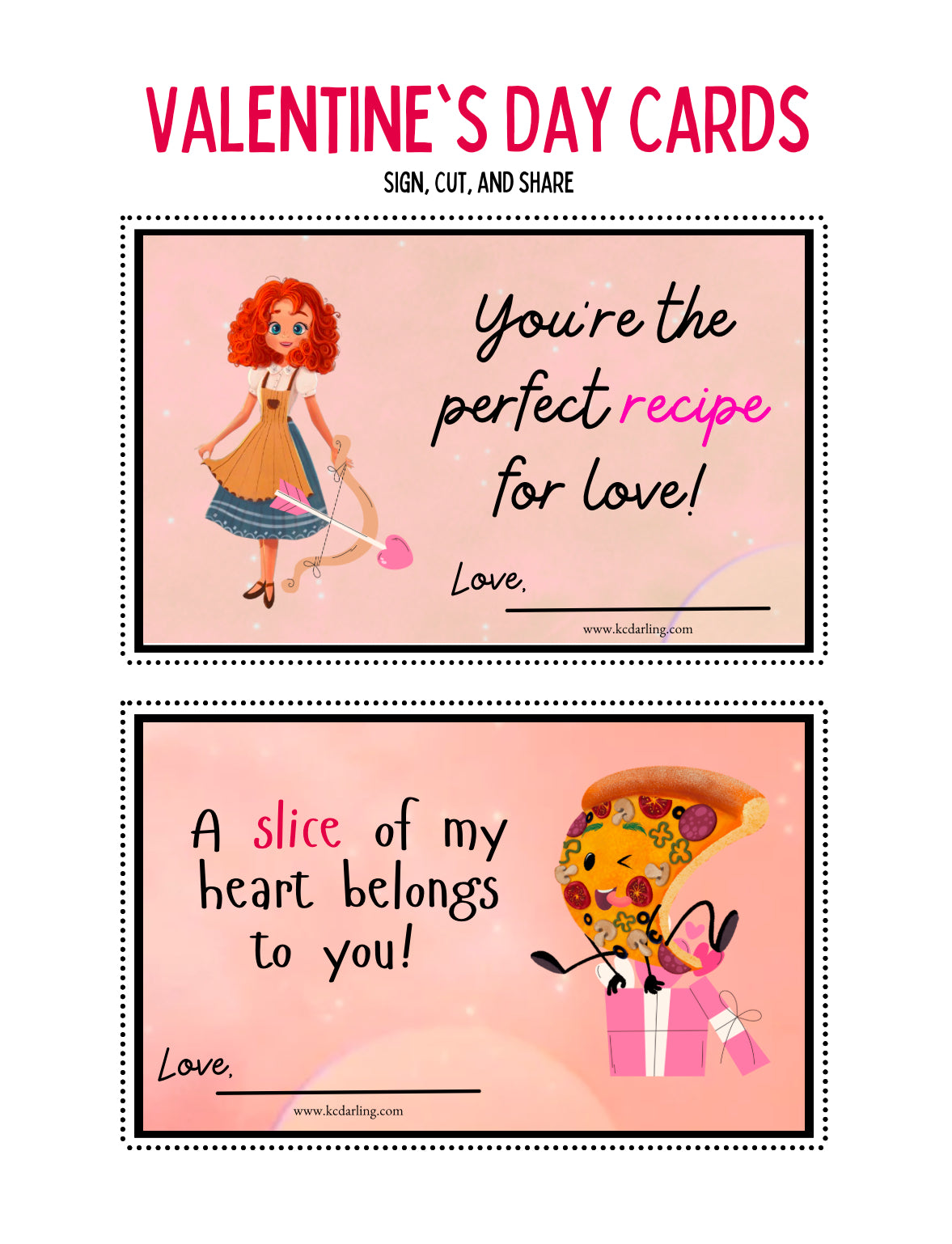 Printable Valentine's Day cards featuring animated pizza characters and playful messages.
