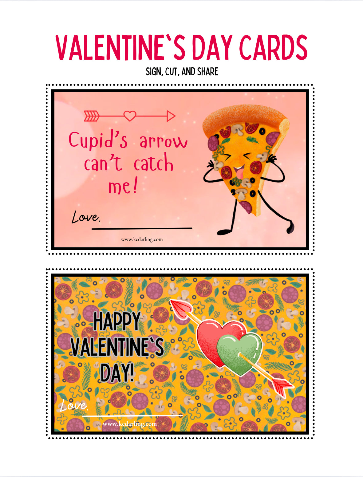 Printable Valentine's Day cards featuring animated pizza characters and playful messages.