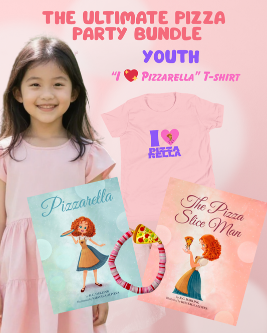 Young girl with 'I ❤️ Pizzarella' t-shirt and books on a pink background