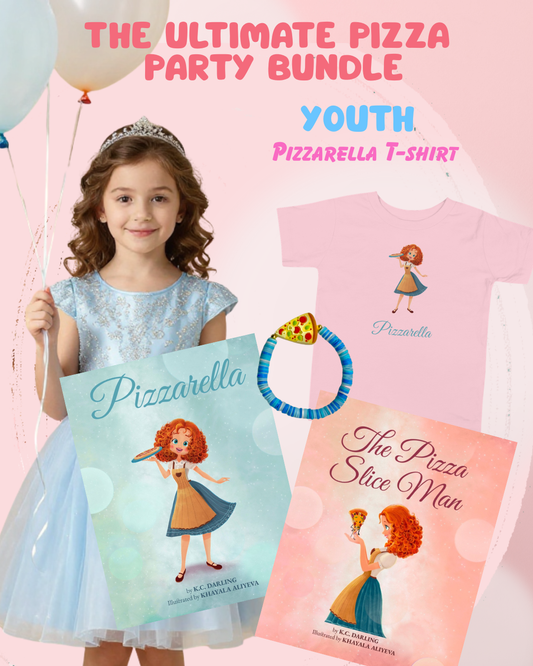 Young girl in a blue dress with 'Pizzarella' merchandise including t-shirt, book, and balloon.