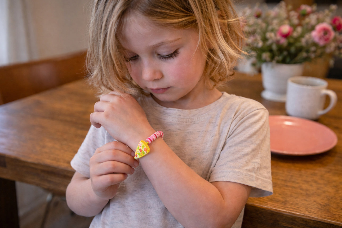Child wearing a colorful watch at a dining table with a cup and plate.