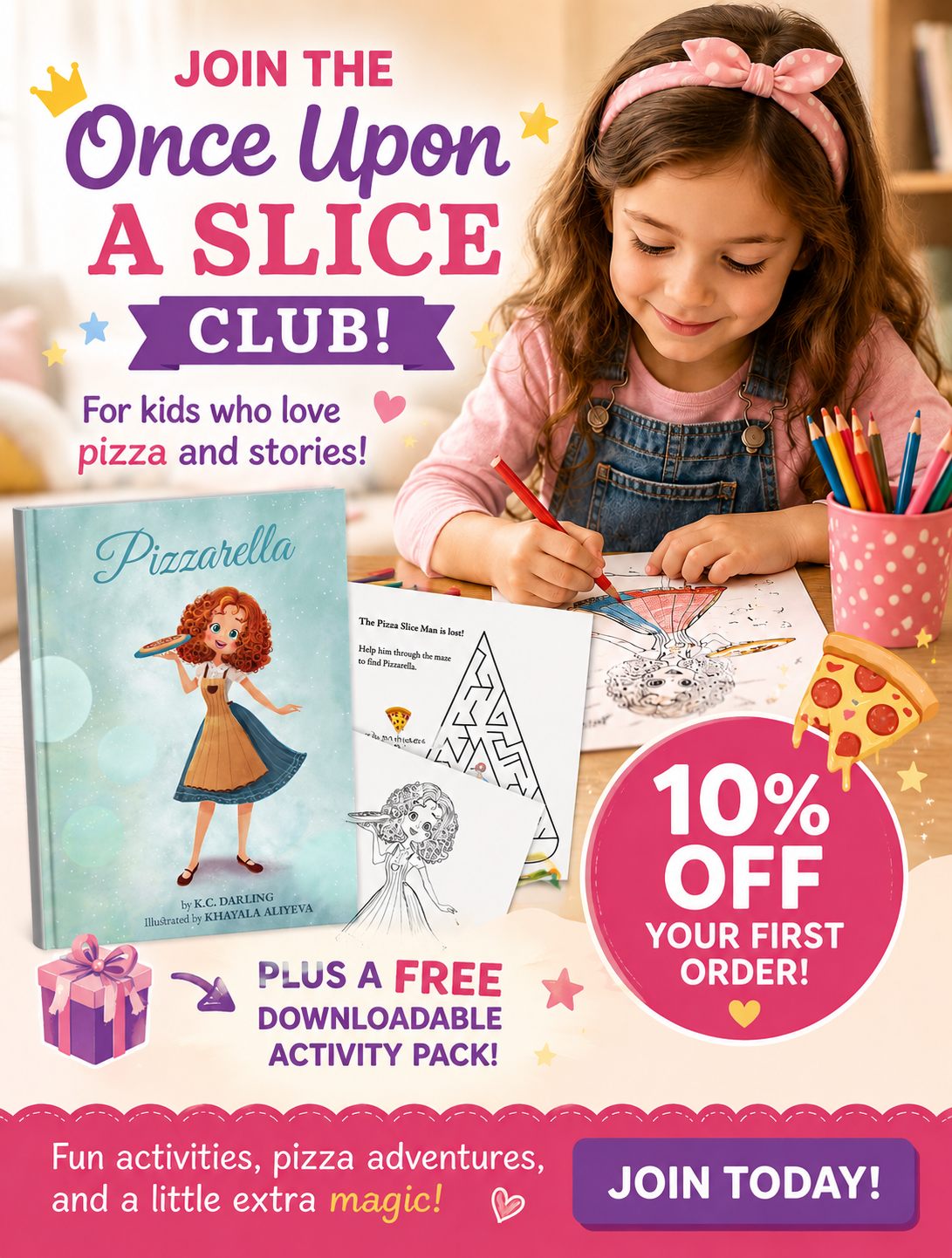 Promotional image for a children's club with a girl coloring, pizza book, and promotional text.