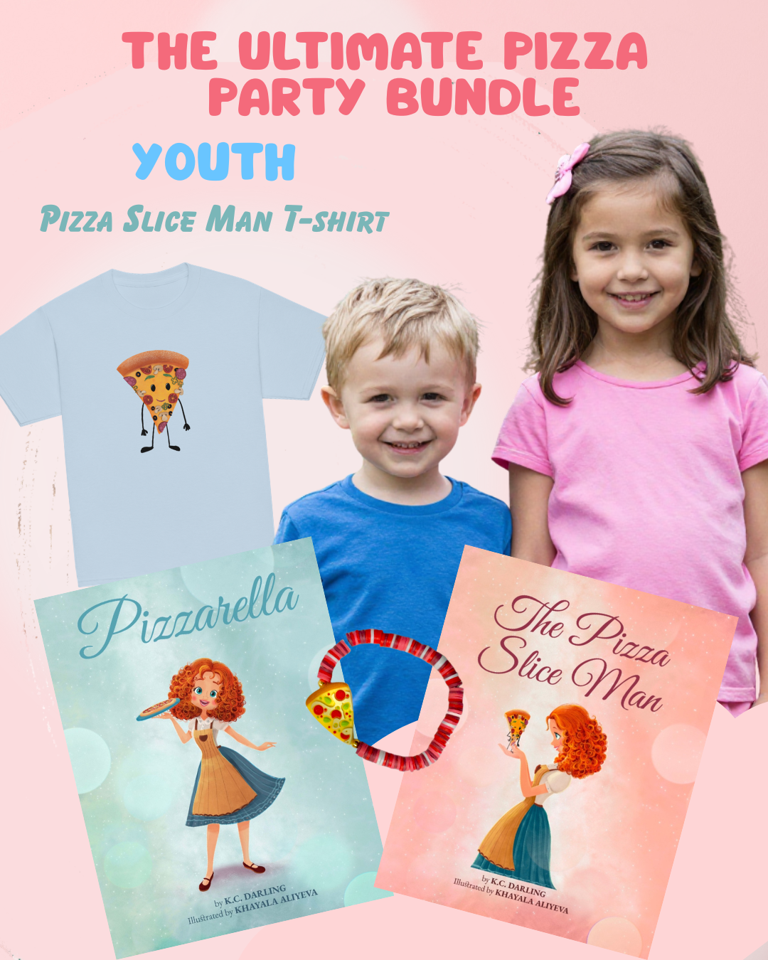 Children with 'The Ultimate Pizza Party Bundle' including t-shirts and books on a pink background
