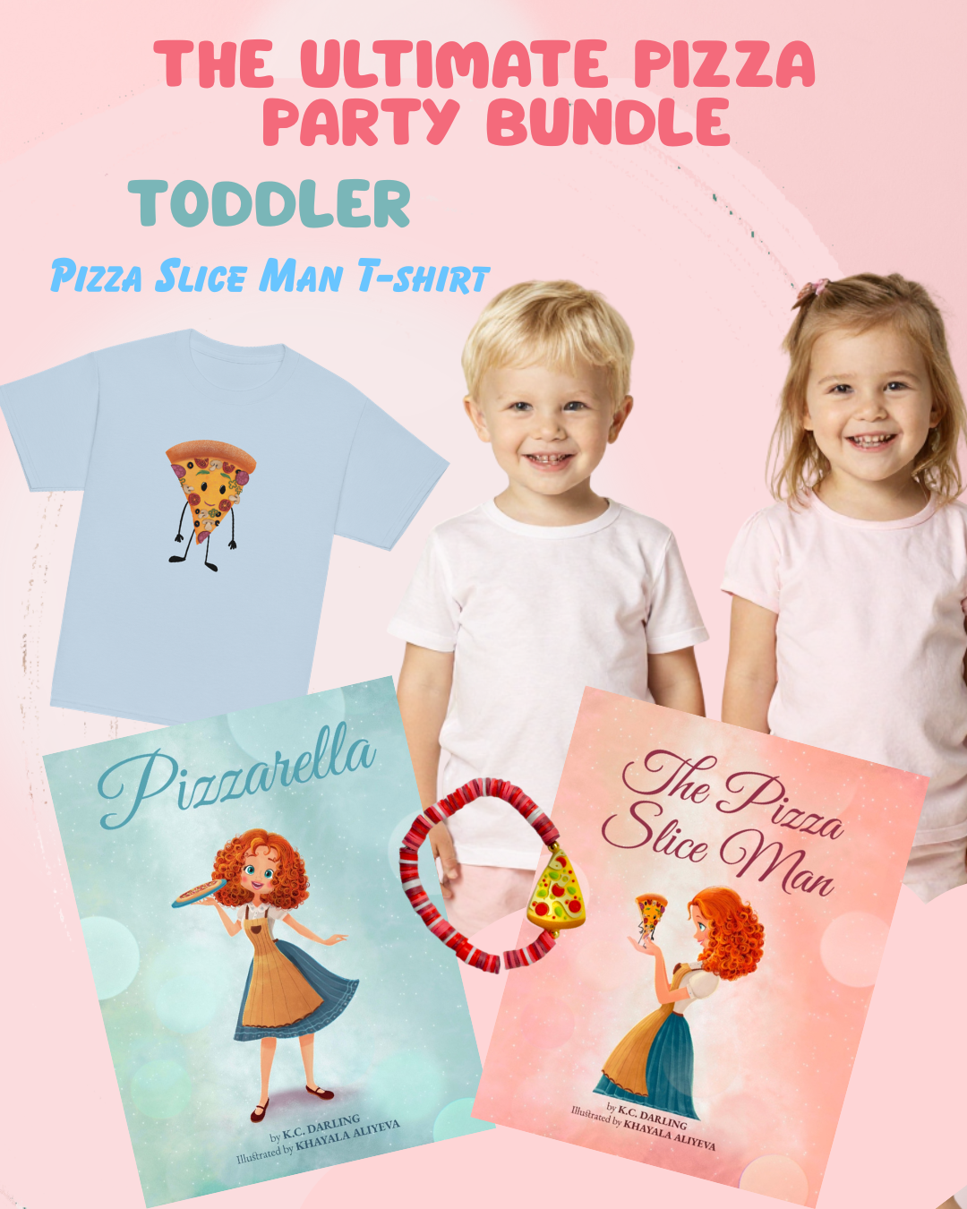 Children's t-shirt and books with pizza-themed design on a pink background