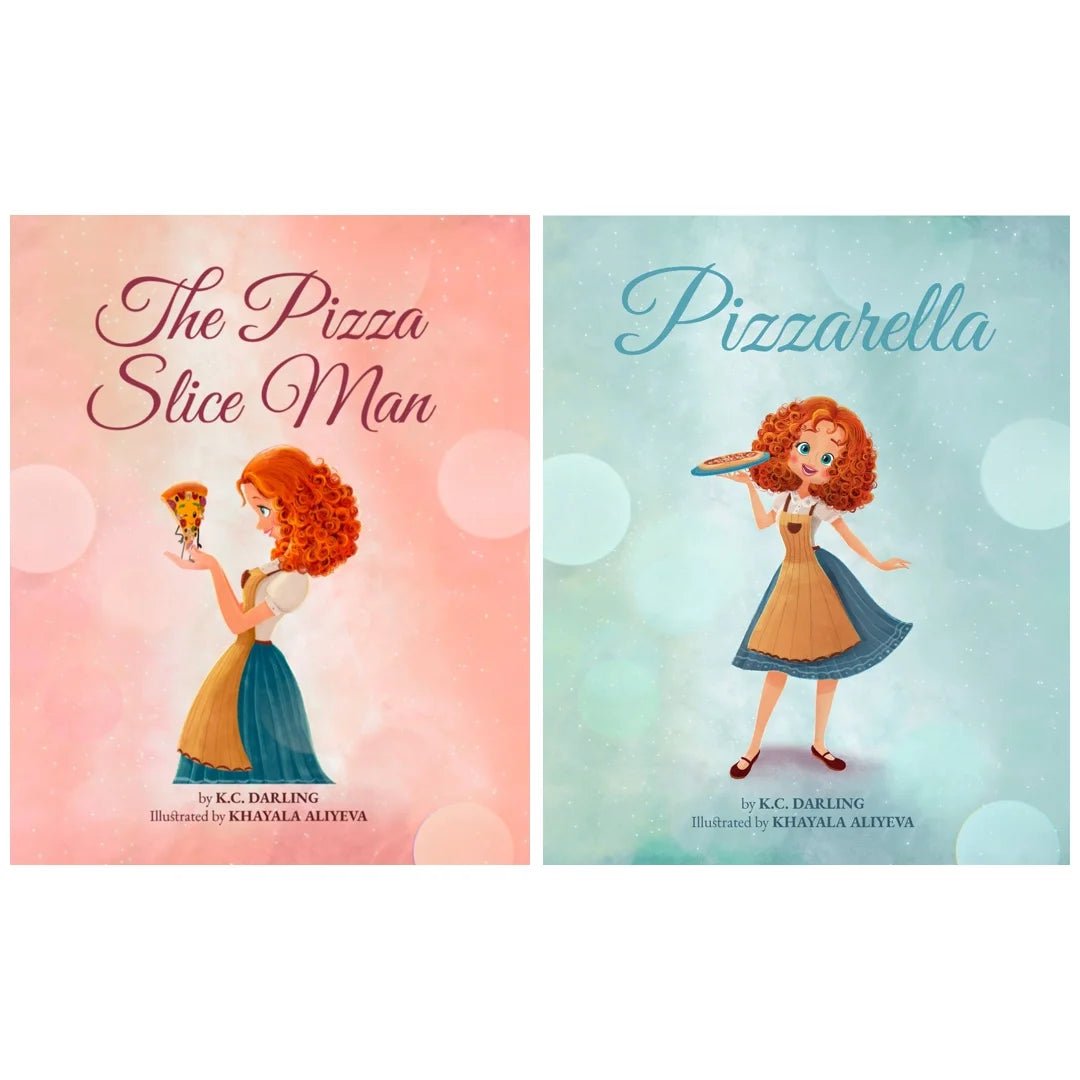 Two book covers featuring illustrations of a girl with red hair holding a pizza slice against a pink and blue background.
