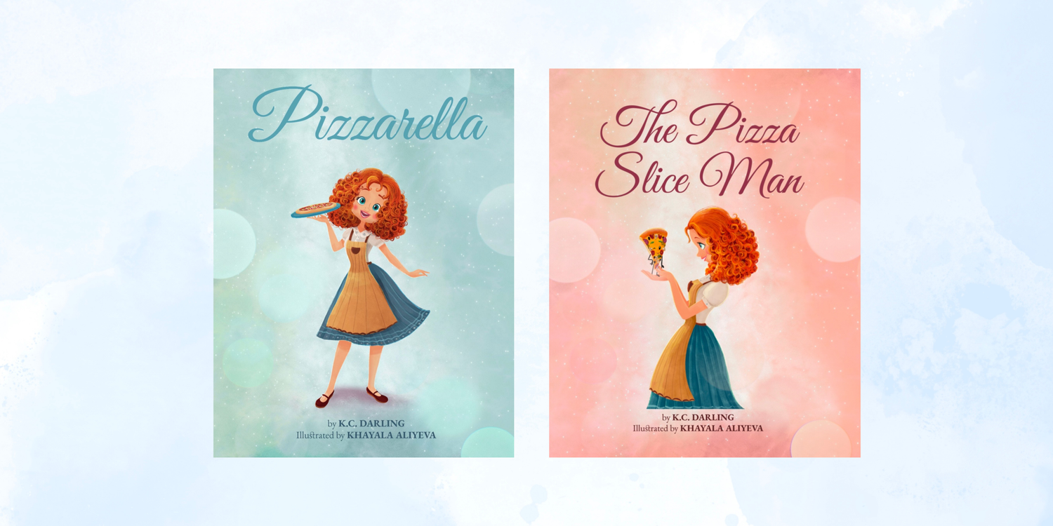 Two book covers featuring a character with red hair and a blue dress on a light blue and pink gradient background.