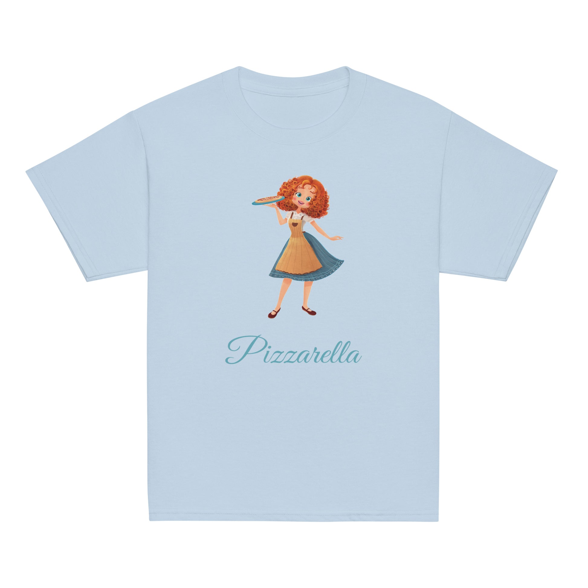blue t-shirt with a character and 'Pizzarella' text 
