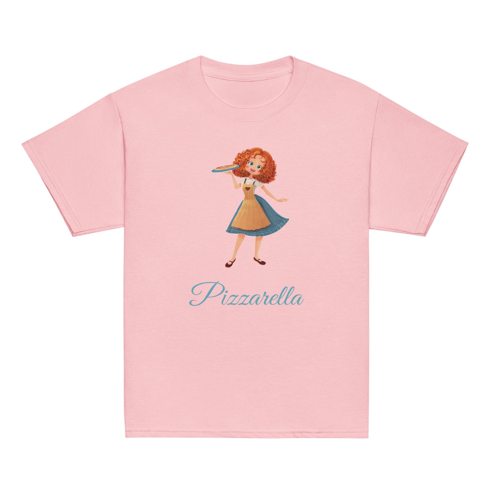 Pink t-shirt with a character and 'Pizzarella' text 