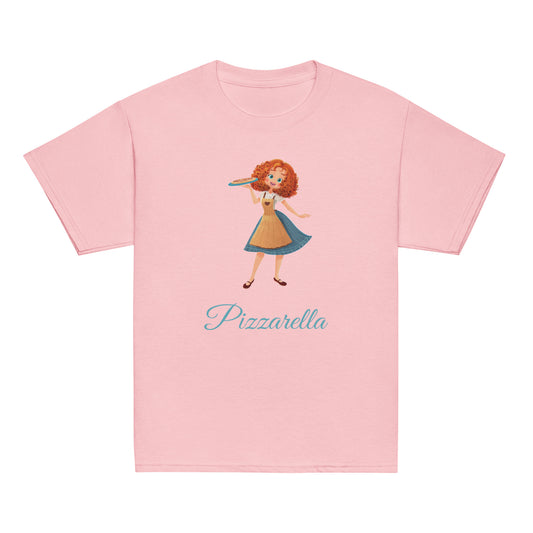 Pink t-shirt with a character and 'Pizzarella' text 